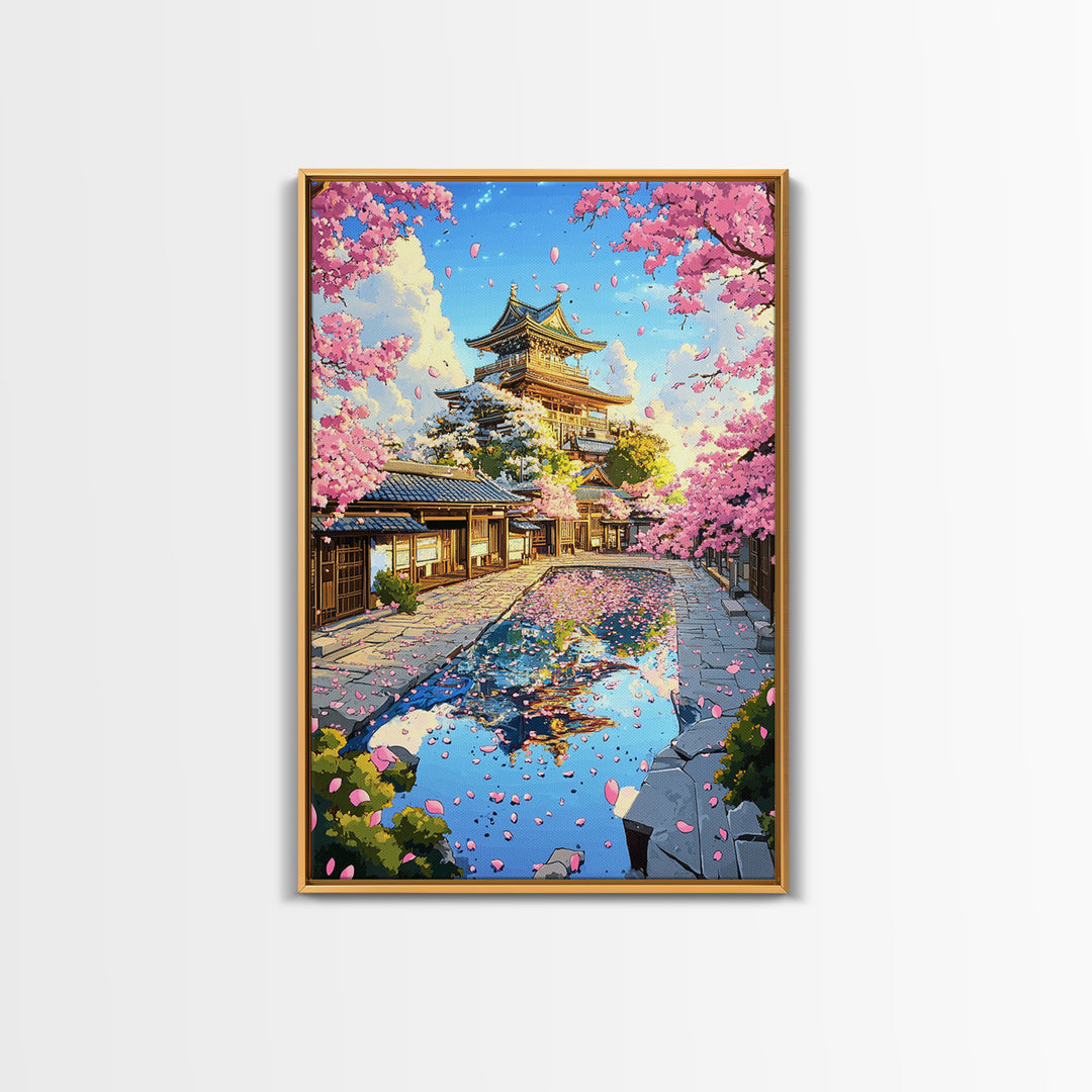Cherry Blossom Castle Courtyard Reflection Canvas Print, Japanese Wall Art, Spring Landscape Decor, Pink Floral Art Gift