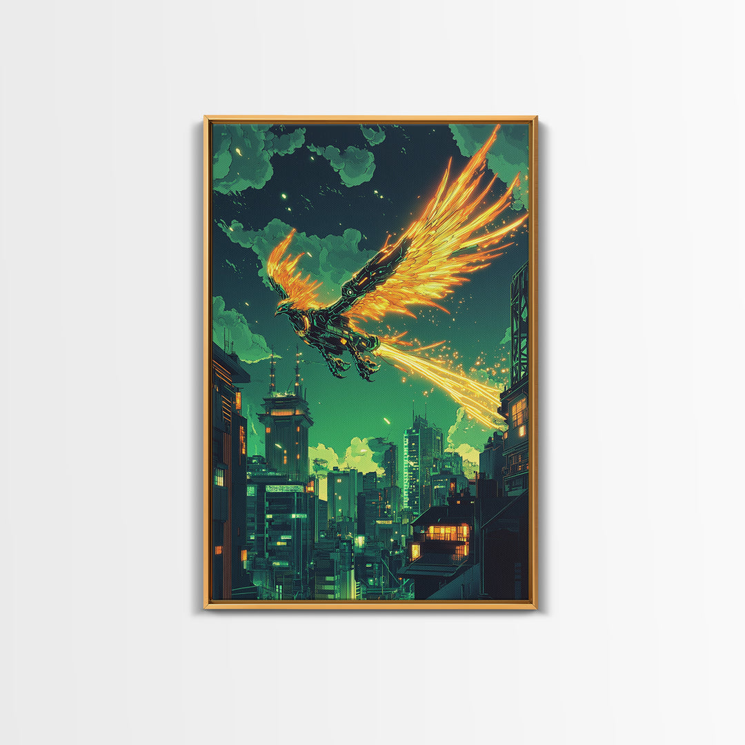 Glowing Phoenix Over Neon City Skyline Wall Art, Cyberpunk Fantasy Print, Sci Fi Decor, Futuristic Gaming Room Poster Gift