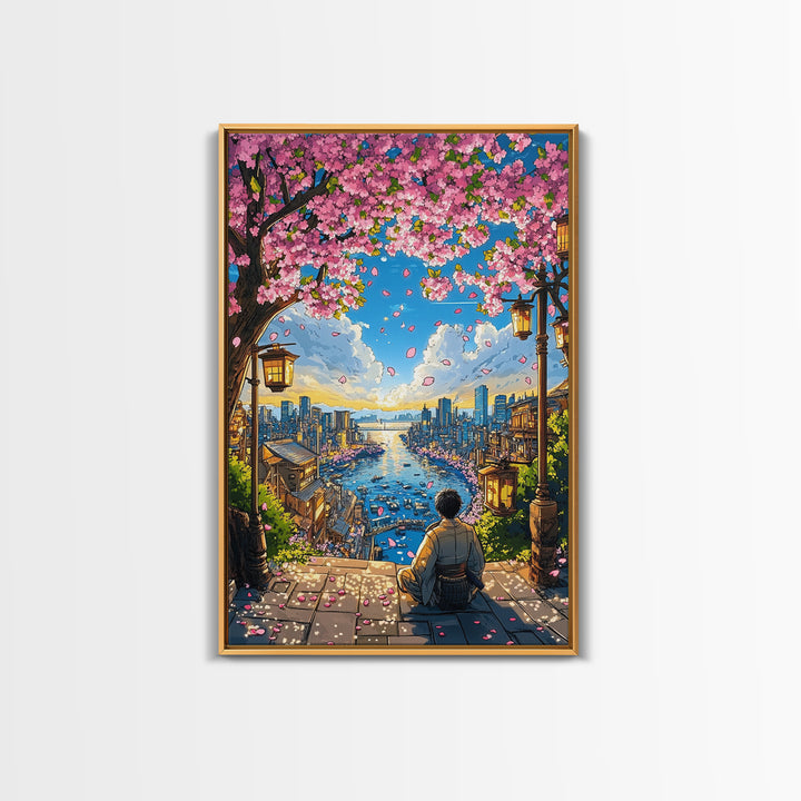 Cherry Blossom Harbor Meditation Wall Art, Japanese Anime Landscape Print, Sakura City Decor, Zen Living Room Decor, Home Decor Gift