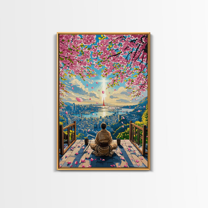 Cherry Blossom City Meditation Canvas Print, Japanese Sakura Landscape Wall Art, Zen Sunrise Decor, Modern Living Room Art