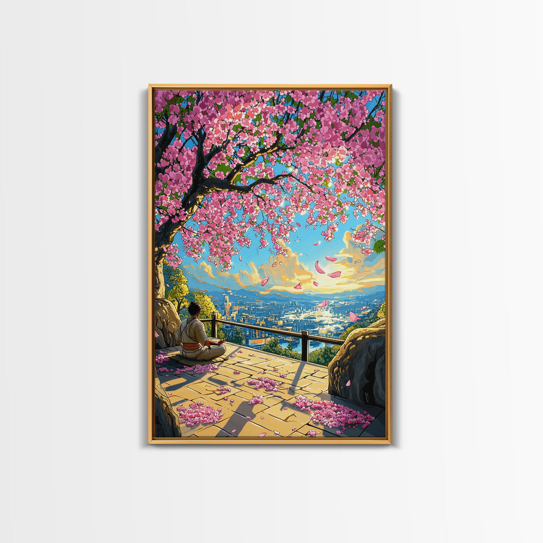 Sakura Terrace Sunset Meditation Wall Art, Japanese City Landscape Print, Cherry Blossom Decor, Zen Bedroom Wall Art, Home Decor Gift