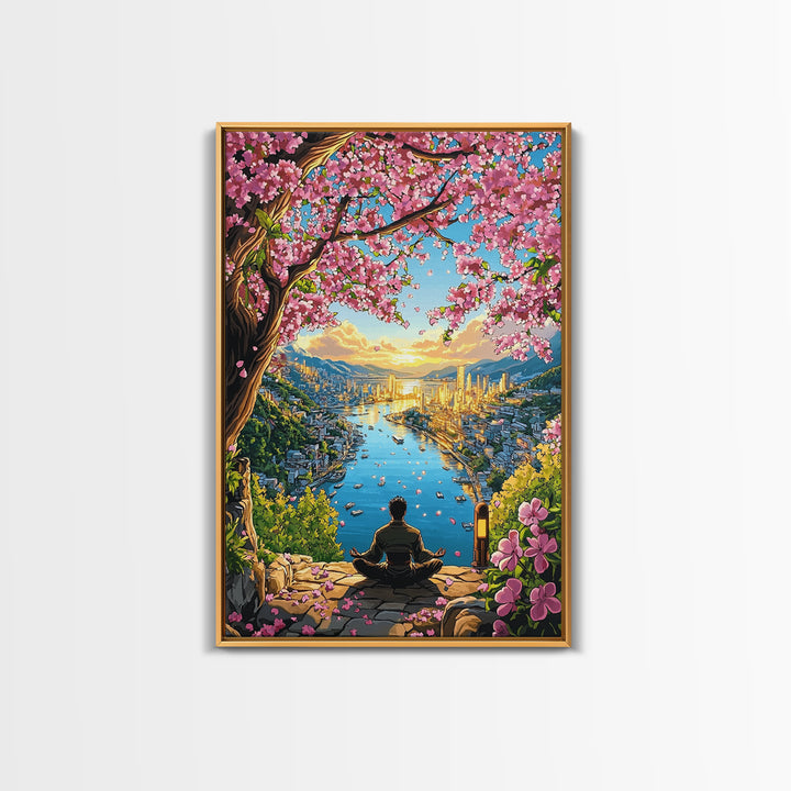 Golden Harbor Sakura Meditation Framed Canvas Print, Japanese Landscape Wall Art, Zen City Decor, Large Living Room Art Print