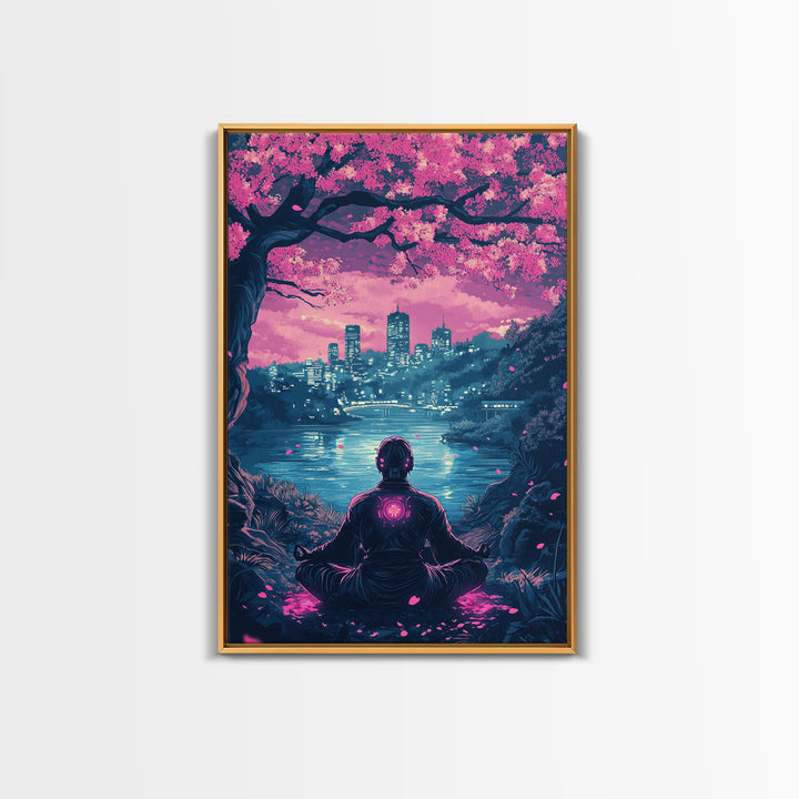 Neon Android Sakura Lake Meditation Wall Art, Cyberpunk Cityscape Print, Pink Cherry Blossom Decor, Sci Fi Bedroom Art, Gaming Room Decor