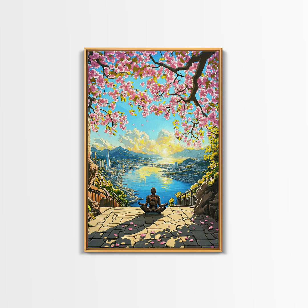Cherry Blossom Ocean City Meditation Canvas Print, Japanese Landscape Wall Art, Sakura Sunrise Decor, Zen Home Decor Gift