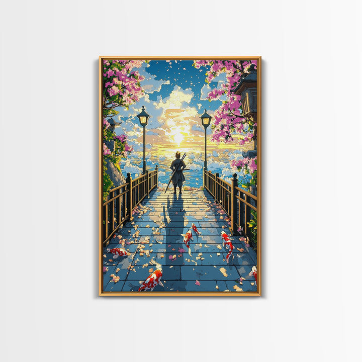 Samurai On Lantern Bridge At Ocean Sunset Wall Art, Japanese Cherry Blossom Koi Print, Anime Landscape Living Room Decor