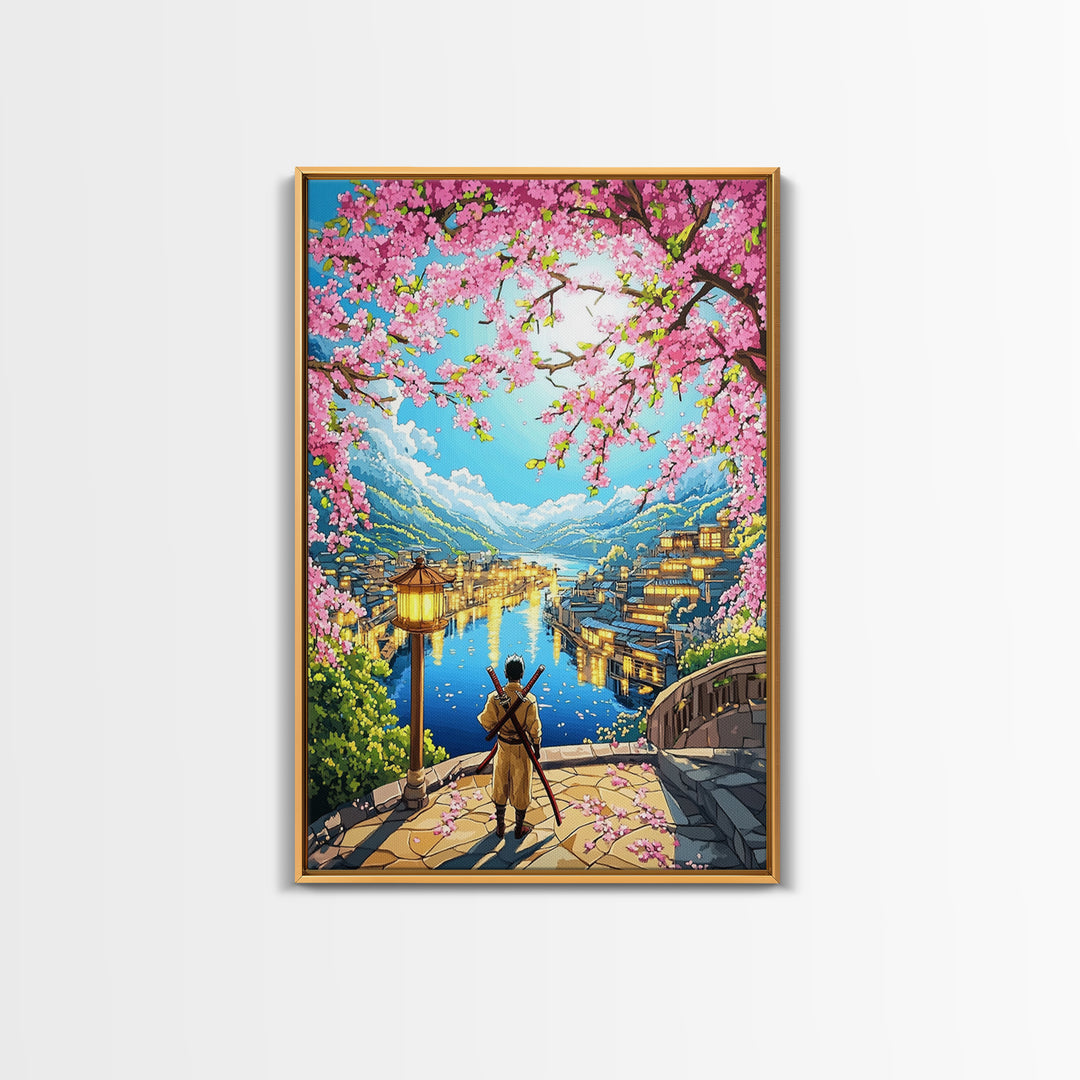Samurai Over Lake Village With Cherry Blossoms Canvas Print, Japanese Wall Art, Anime Landscape, Travel Inspired Home Decor