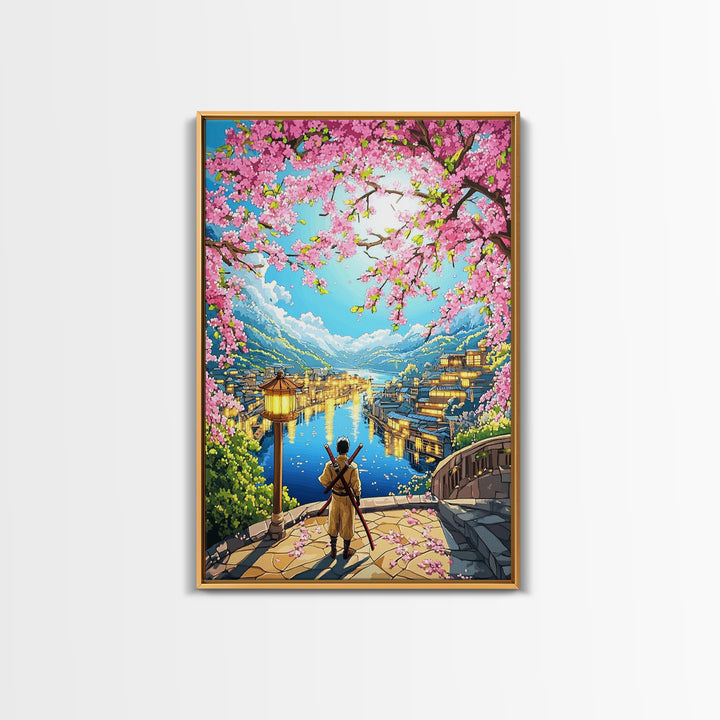 Samurai Over Lake Village With Cherry Blossoms Canvas Print, Japanese Wall Art, Anime Landscape, Travel Inspired Home Decor