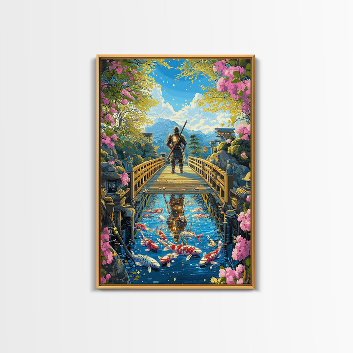 Samurai On Wooden Bridge Above Koi Pond Framed Canvas Print, Japanese Wall Art, Cherry Blossom Mountain Landscape Decor Print