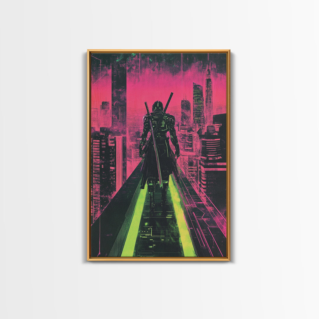 Cyberpunk Samurai On Neon Rooftop Wall Art, Futuristic Cityscape Poster, Pink Green Sci Fi Gaming Room Decor For Him Gift