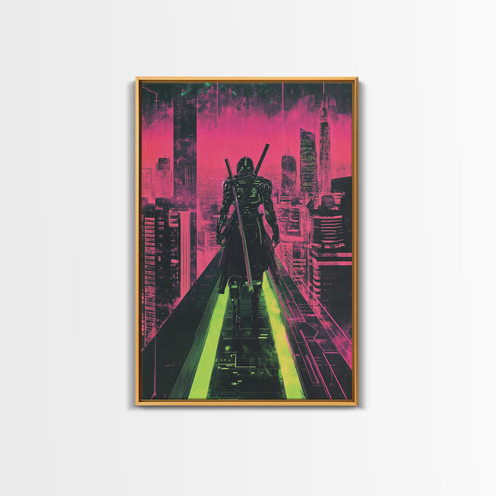 Cyberpunk Samurai On Neon Rooftop Wall Art, Futuristic Cityscape Poster, Pink Green Sci Fi Gaming Room Decor For Him Gift
