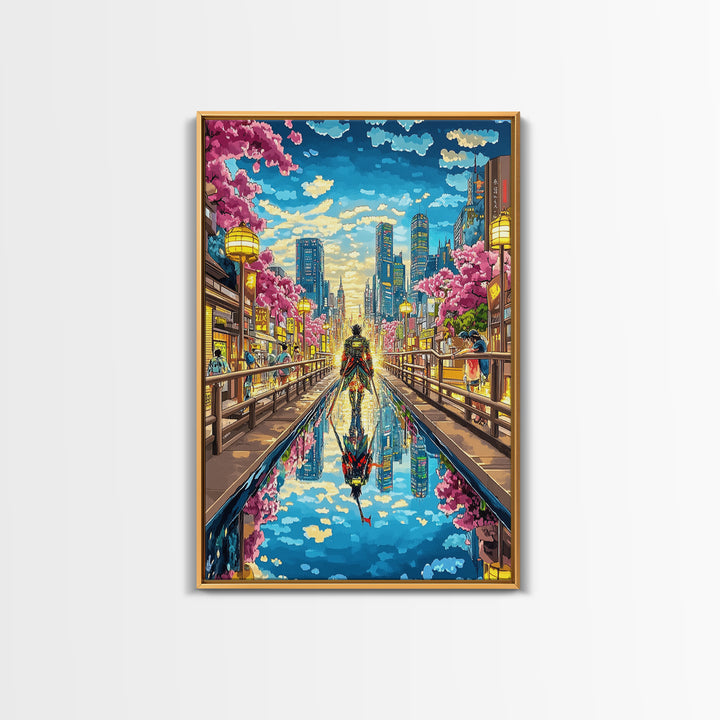 Samurai In Modern City Canal Reflection Canvas Print, Japanese Cherry Blossom Wall Art, Cyberpunk Anime Living Room Decor
