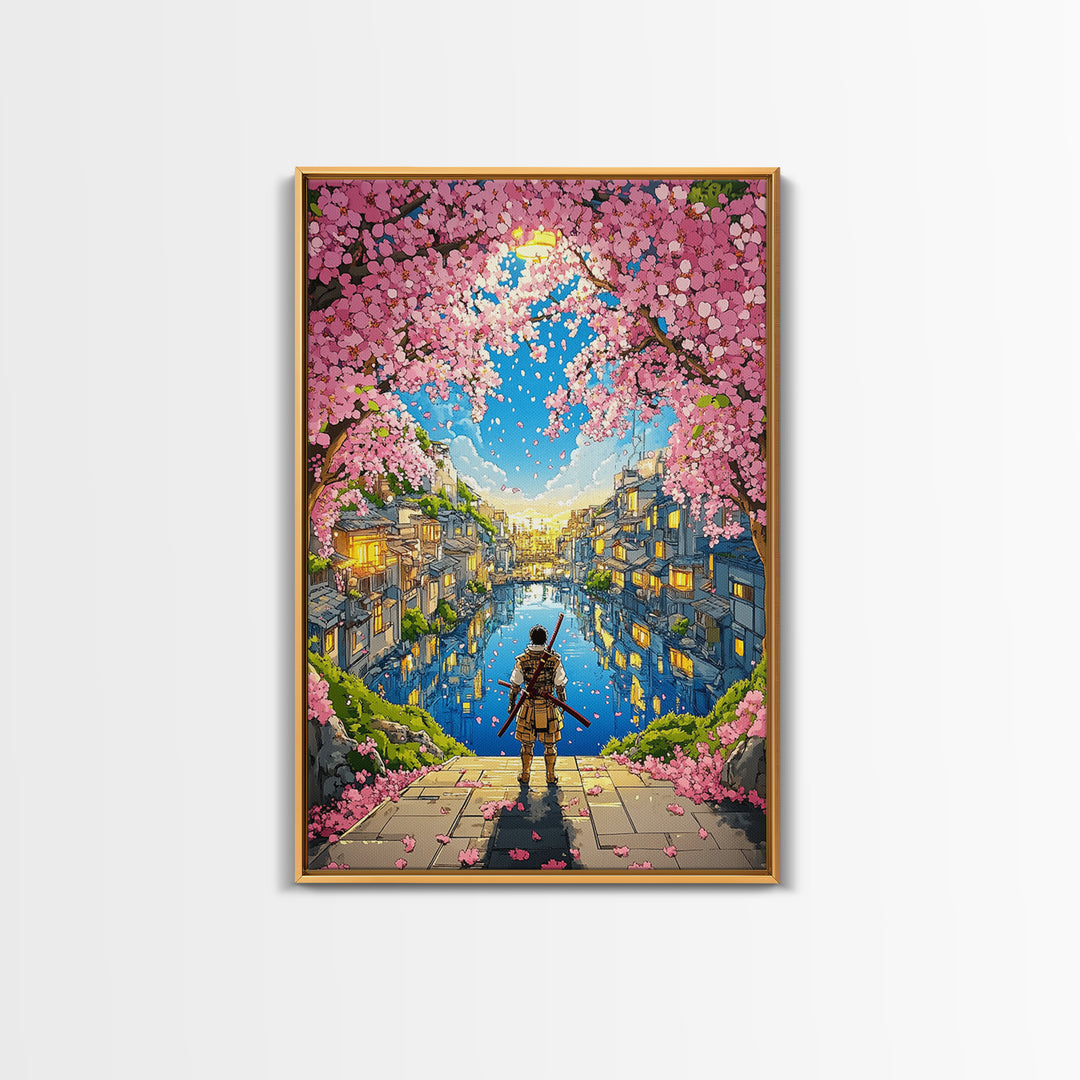 Samurai By Cherry Blossom Canal In Japanese Town Framed Canvas Print, Anime Landscape Wall Art, Cozy Living Room Decor Print