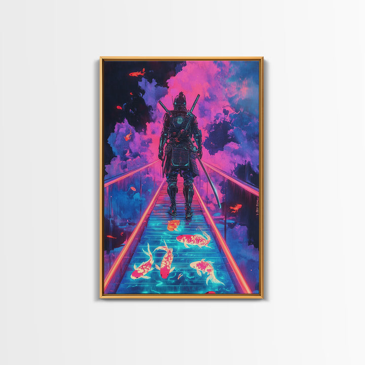 Neon Samurai On Glowing Koi Bridge Framed Canvas Print, Cyberpunk Wall Art, Surreal Japanese Anime Gaming Room Decor Gift