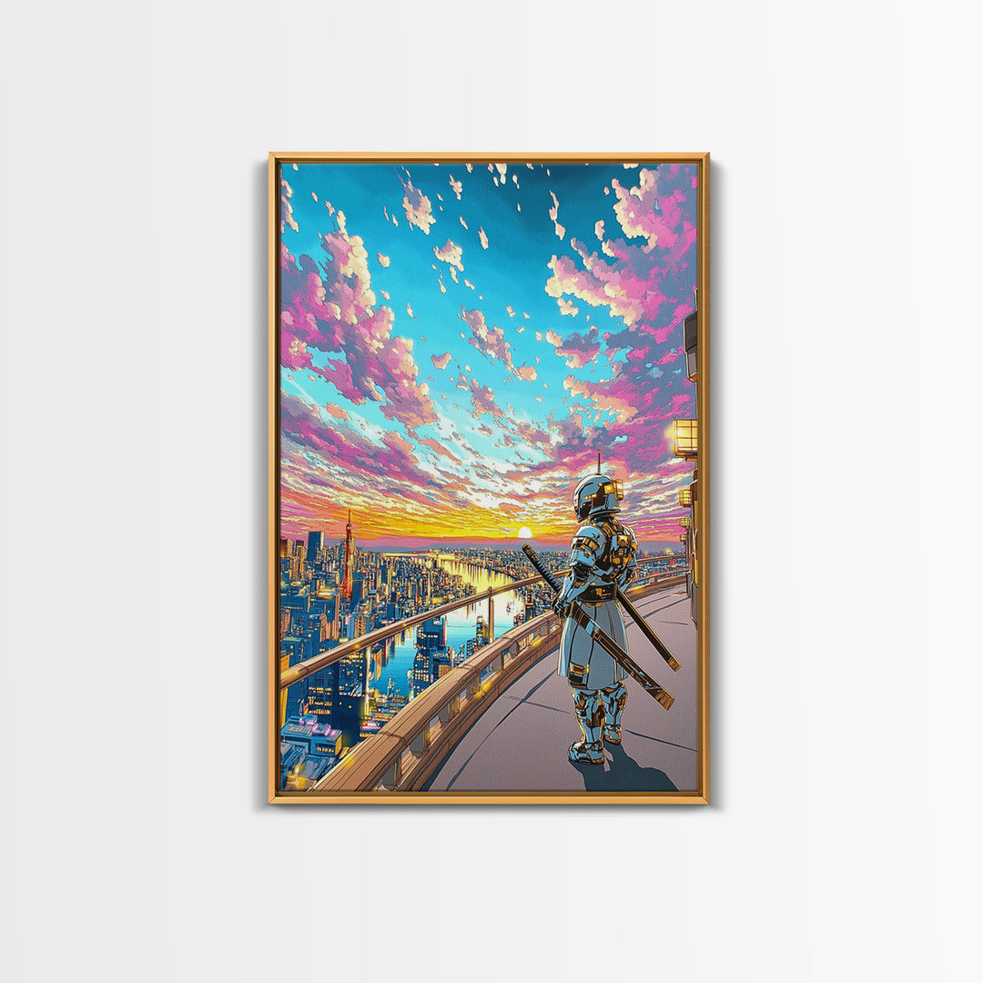Samurai On Skyline Balcony At Pink Sunset Canvas Print, Japanese Cyberpunk Wall Art, Anime Cityscape Home Office Decor Print