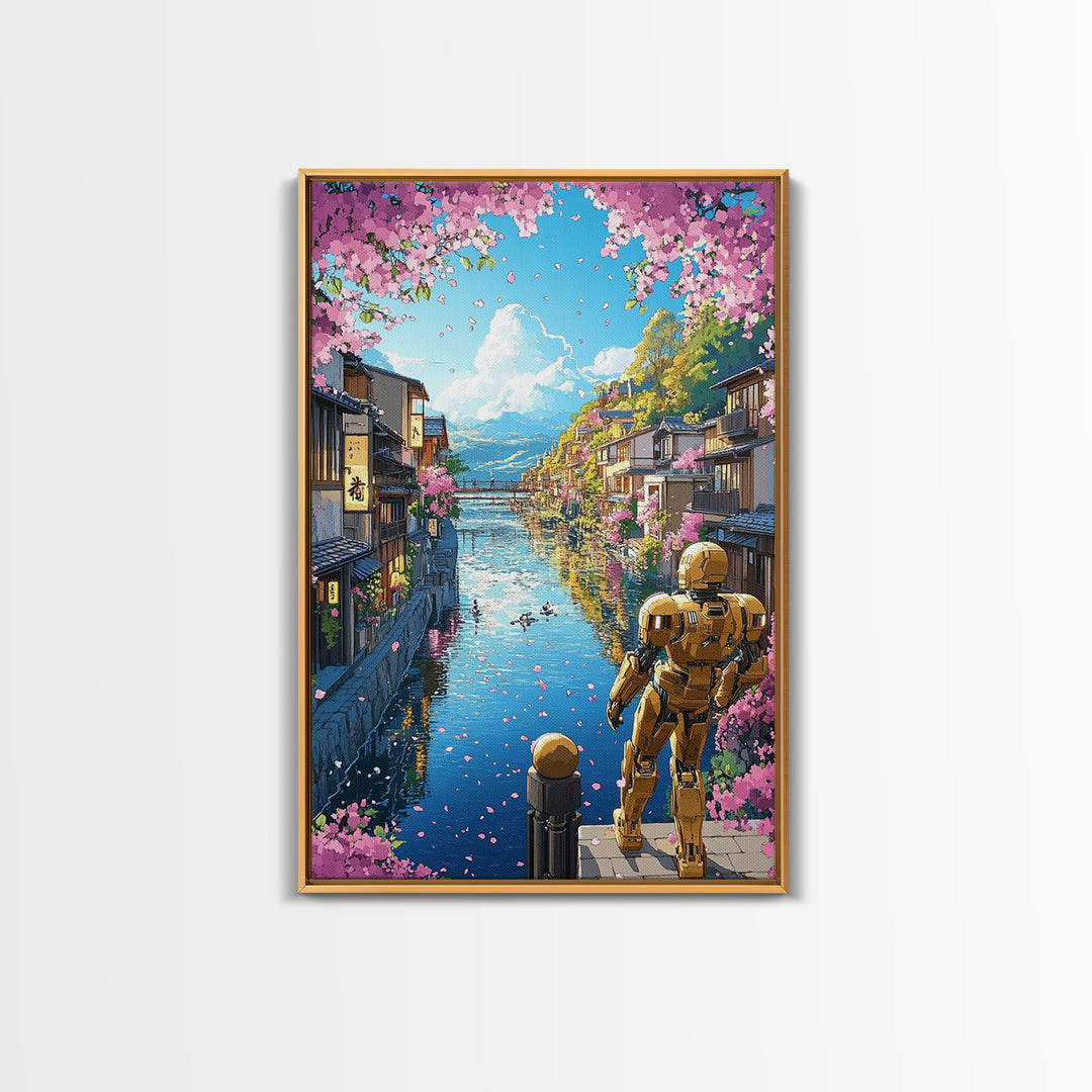 Golden Robot By Sakura Canal Wall Art, Japanese Cityscape Canvas, Futuristic Kyoto Decor, Anime Landscape Print For Living Room Decor