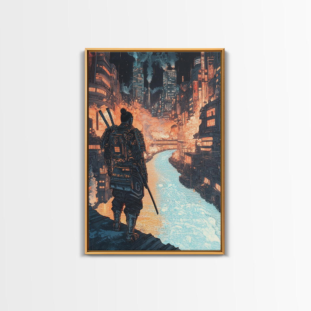 Cyberpunk Samurai Over Neon Canal Framed Canvas Print, Futuristic Japanese City Wall Decor, Sci Fi Warrior Office Art Print