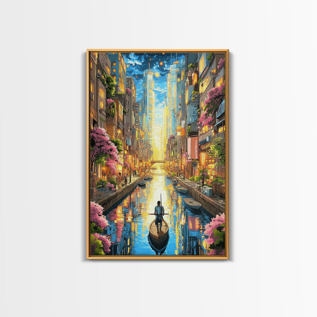 Lone Boat On Glowing Urban Canal Wall Art, Futuristic Cityscape Canvas Print, Sakura Skyline Living Room Decor, Modern Home Decor
