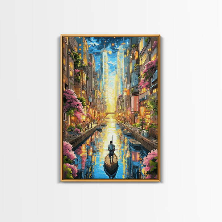 Lone Boat On Glowing Urban Canal Wall Art, Futuristic Cityscape Canvas Print, Sakura Skyline Living Room Decor, Modern Home Decor