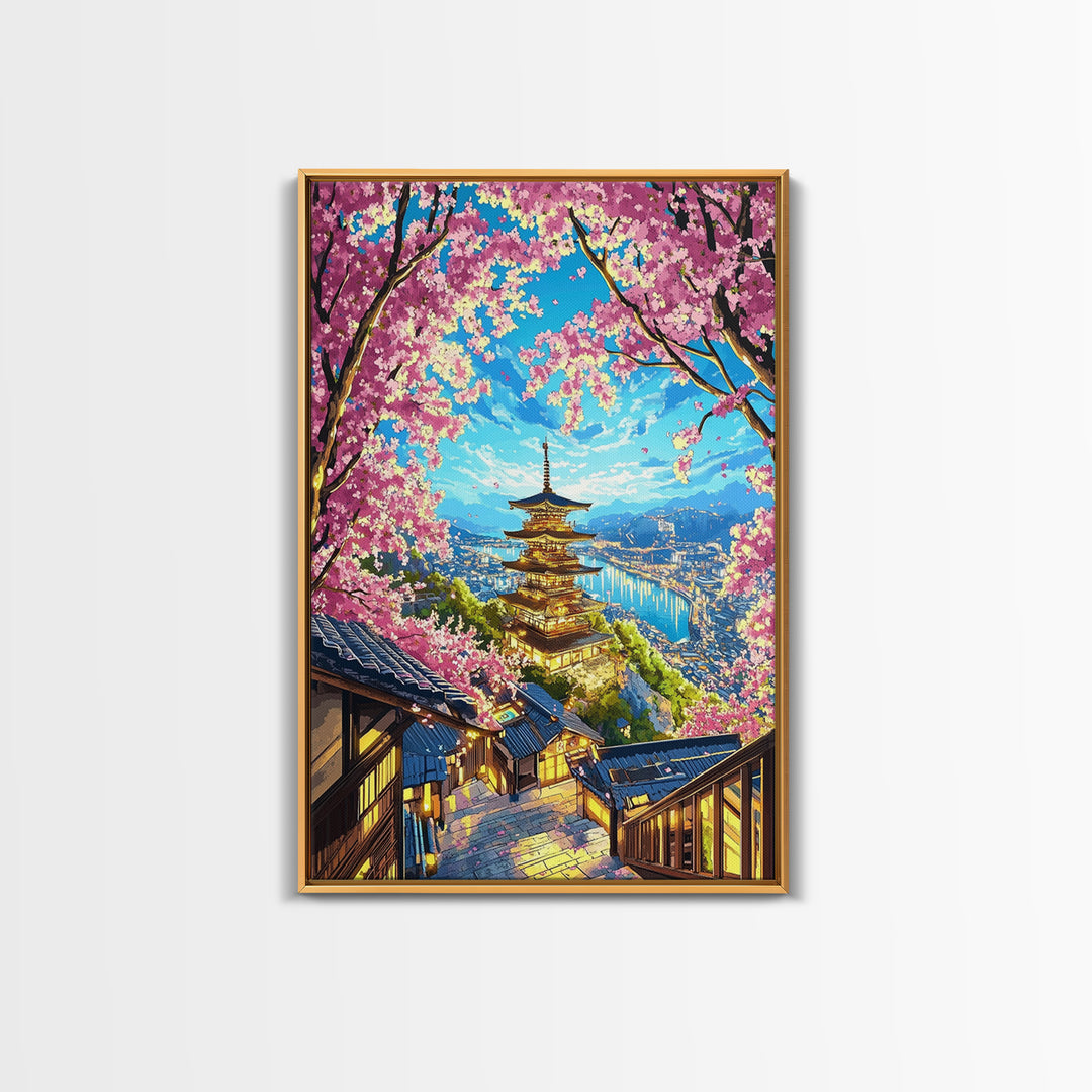 Golden Pagoda Above Blue Harbor Wall Art, Cherry Blossom Japanese Landscape Canvas Print, Kyoto Travel Home Decor Gift For Her