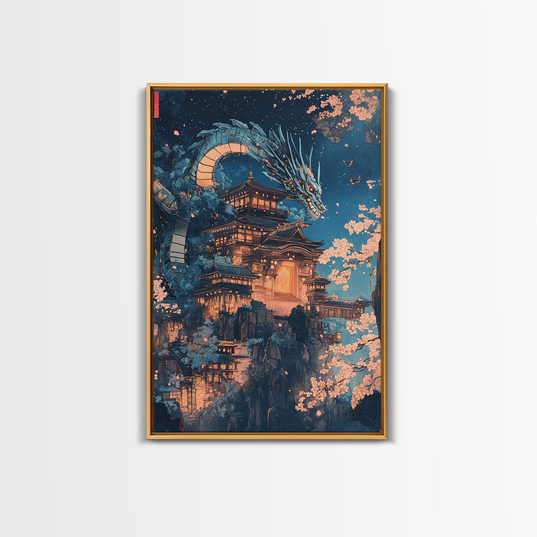 Moonlit Dragon Over Ancient Castle Canvas Print, Japanese Fantasy Wall Art, Sakura Nightscape Gothic Home Decor Mythical Gift