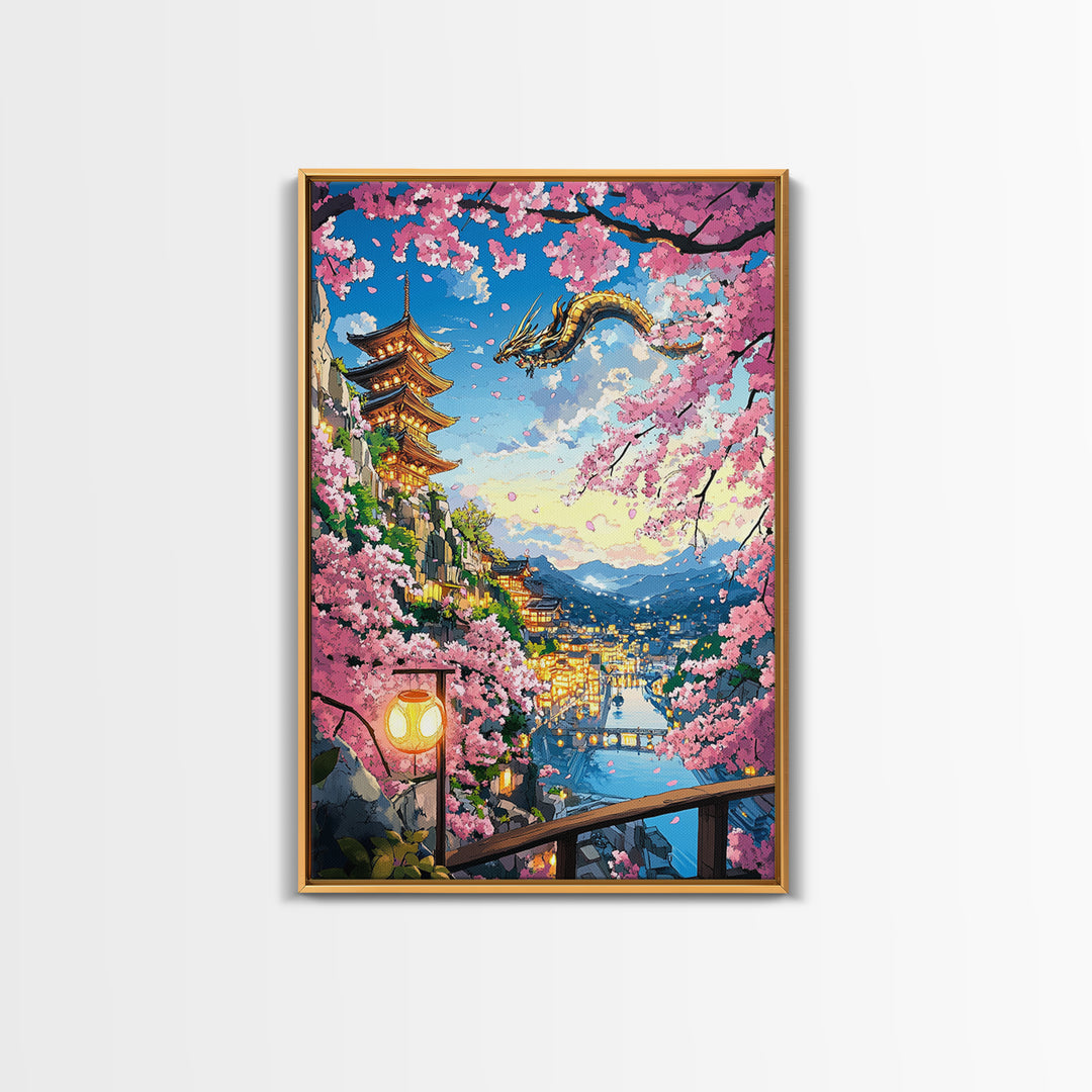 Flying Dragon Above Sakura Pagoda Framed Canvas Print, Japanese Fantasy Landscape Wall Art, Pink Cherry Blossom Decor Print