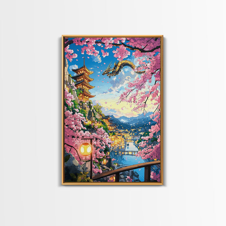 Flying Dragon Above Sakura Pagoda Framed Canvas Print, Japanese Fantasy Landscape Wall Art, Pink Cherry Blossom Decor Print