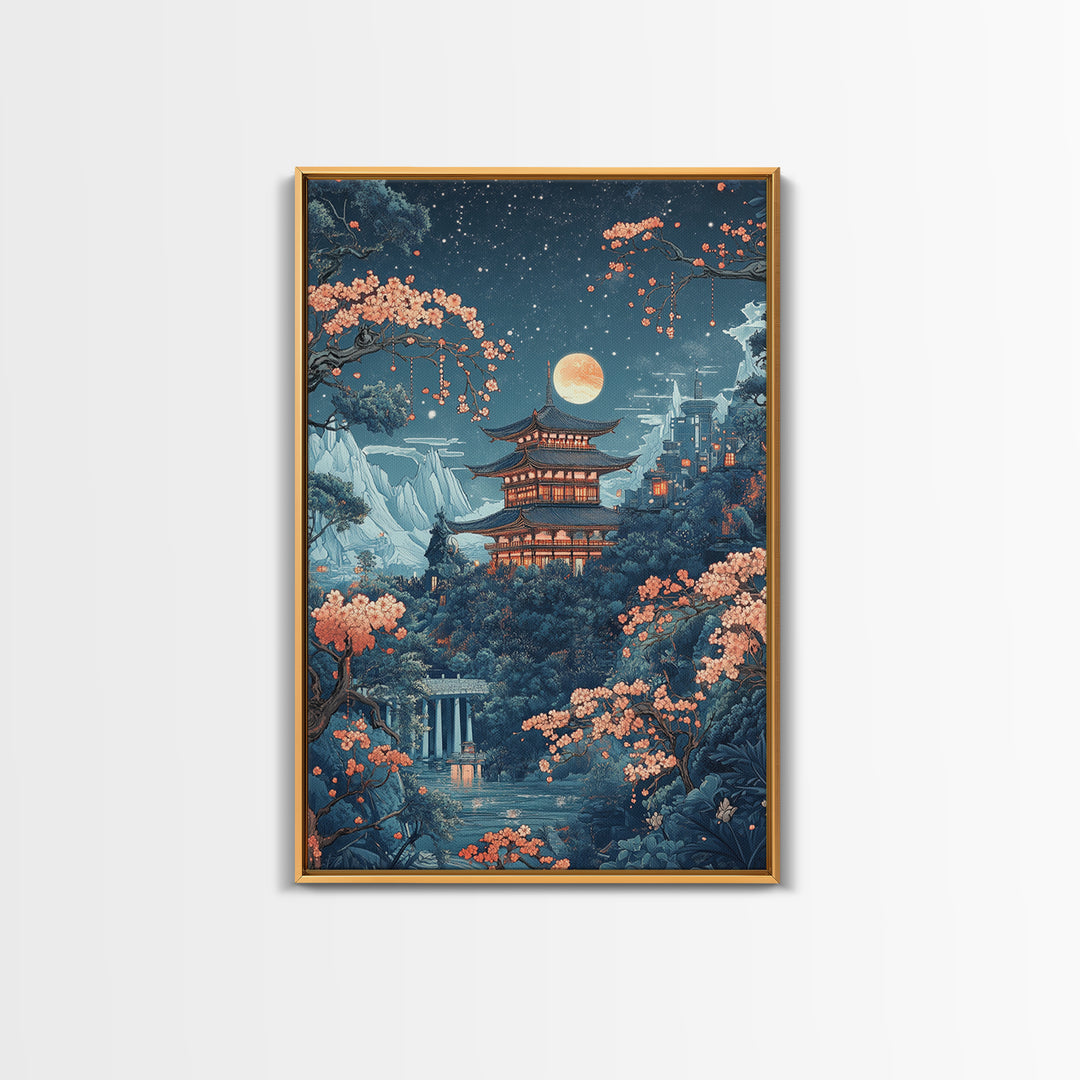 Moonlit Pagoda In Sakura Garden Framed Canvas Print, Japanese Night Landscape Wall Art, Celestial Asian Home Decor Moon Art