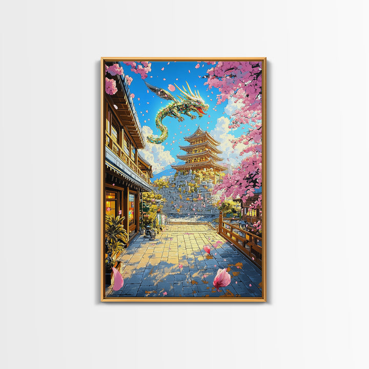 Golden Dragon Over Sakura Pagoda Framed Canvas Print, Japanese Fantasy Wall Art, Cherry Blossom Temple Decor For Living Room