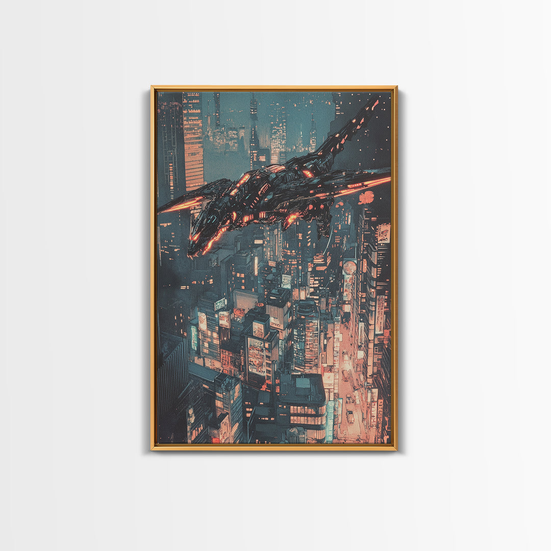 Cyberpunk Mechanical Dragon Over Neon City Wall Art, Futuristic Sci Fi Canvas, Dystopian Urban Decor For Gaming Room Poster