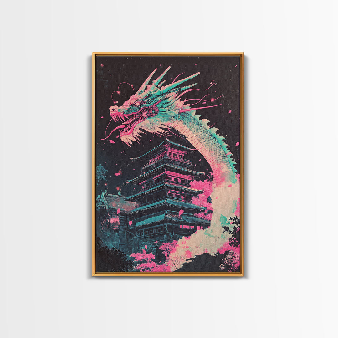 Neon Dragon Rising Over Midnight Pagoda Canvas Print, Japanese Cyberpunk Wall Art, Pink Sakura Fantasy Decor For Gaming Room