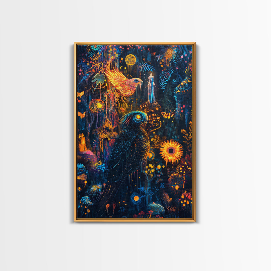 Luminous Birds In Enchanted Jungle Wall Art, Whimsical Fantasy Canvas, Celestial Moon Decor For Boho Maximalist Home Decor