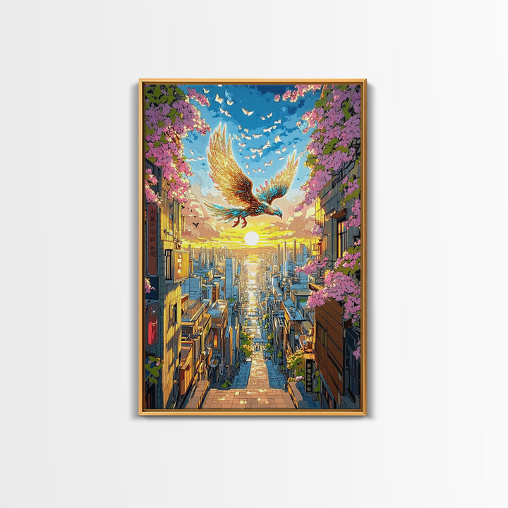 Golden Phoenix Over Sakura City Wall Art, Japanese Fantasy Art Print, Colorful Wall Art, Living Room Wall Decor, Housewarming Gift