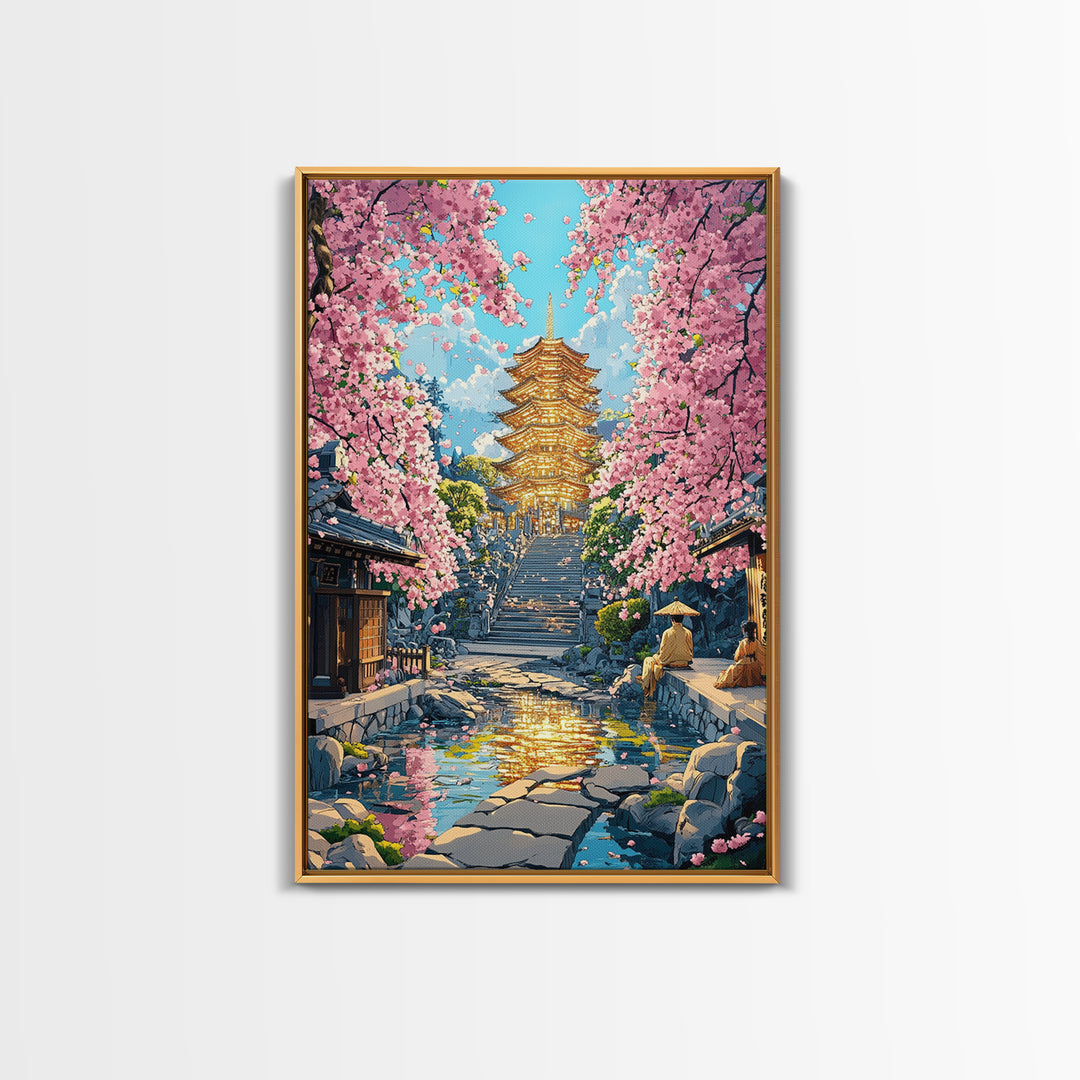 Golden Pagoda Cherry Blossom Framed Canvas Print, Japanese Wall Art, Serene Zen Decor, Living Room Wall Decor, Housewarming Gift For Her