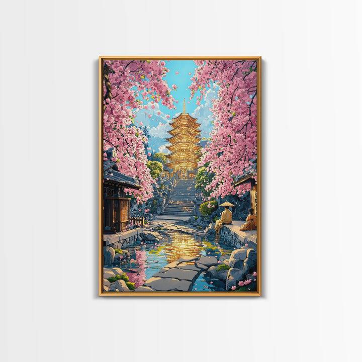 Golden Pagoda Cherry Blossom Framed Canvas Print, Japanese Wall Art, Serene Zen Decor, Living Room Wall Decor, Housewarming Gift For Her