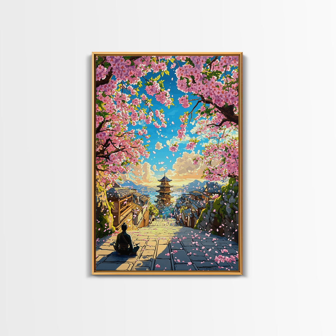 Cherry Blossom Steps To Ocean Pagoda Wall Art, Japanese Landscape Print, Coastal Home Decor, Tranquil Living Room Art, Gift For Her