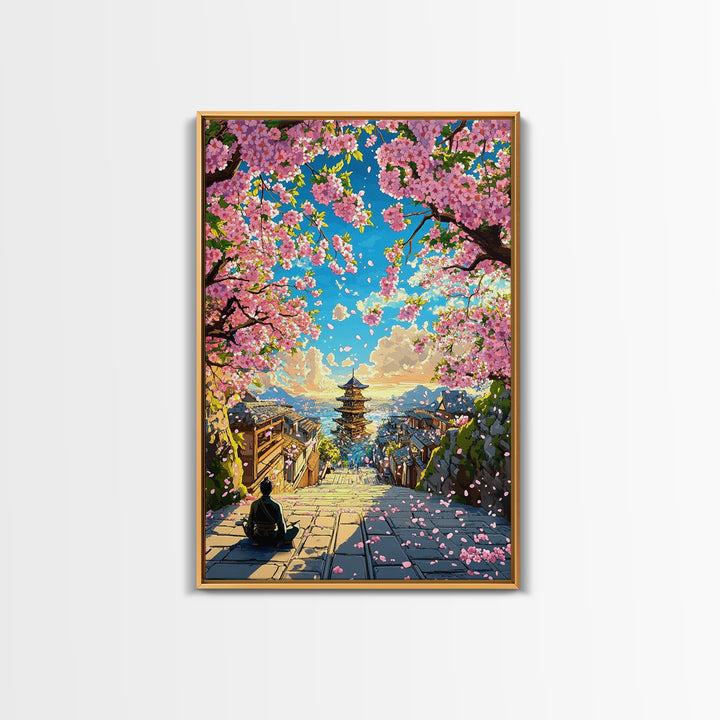 Cherry Blossom Steps To Ocean Pagoda Wall Art, Japanese Landscape Print, Coastal Home Decor, Tranquil Living Room Art, Gift For Her
