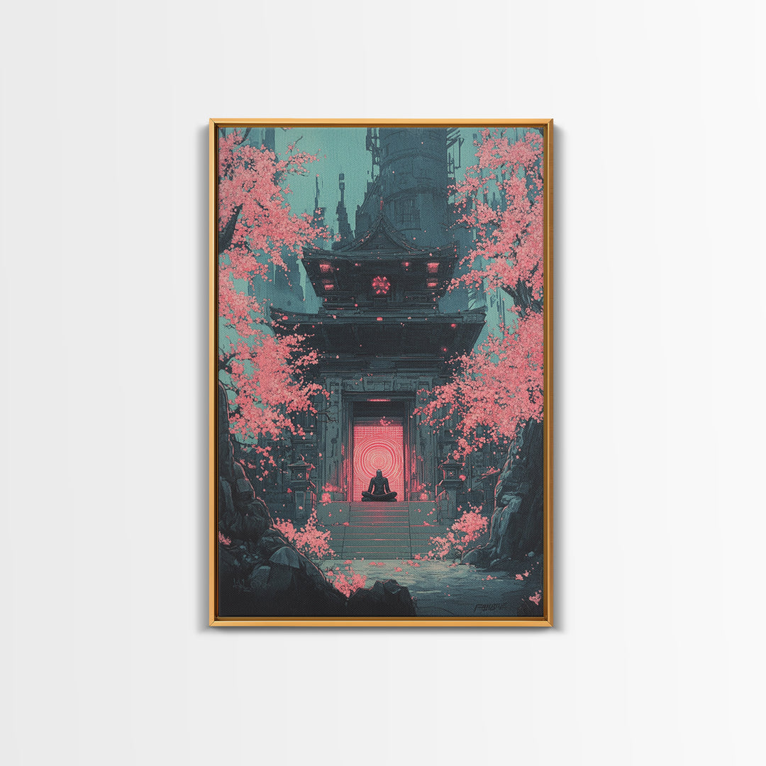 Neon Portal Temple With Pink Sakura Canvas Print, Cyberpunk Wall Art, Japanese Sci Fi Decor, Moody Office Wall Decor For Him
