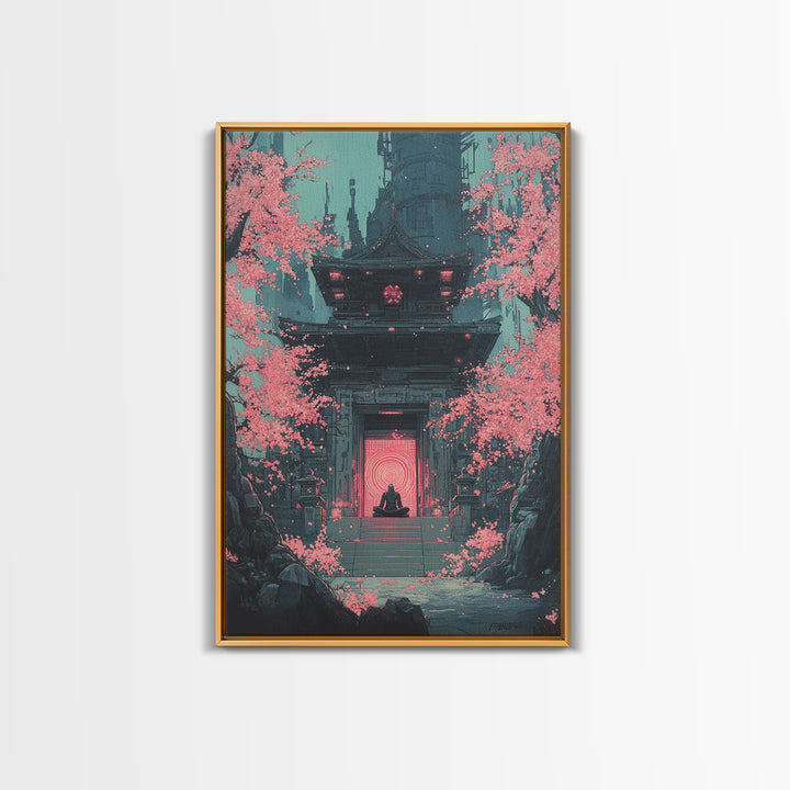 Neon Portal Temple With Pink Sakura Canvas Print, Cyberpunk Wall Art, Japanese Sci Fi Decor, Moody Office Wall Decor For Him