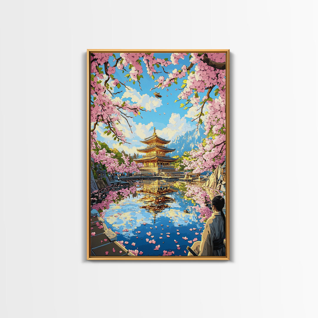 Golden Pagoda Reflected In Sakura Lake Framed Canvas Print, Japanese Wall Art, Mountain Landscape, Serene Zen Decor, Living Room Art