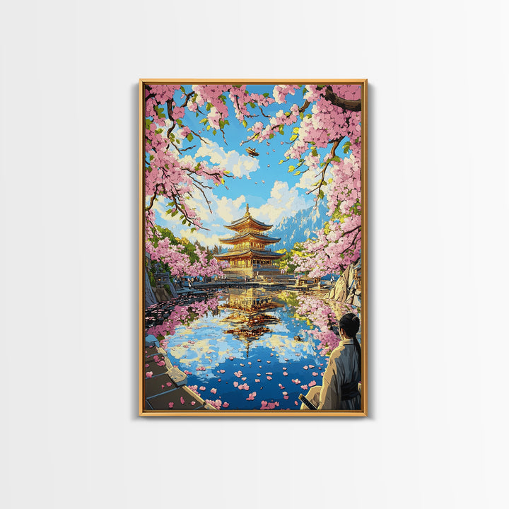 Golden Pagoda Reflected In Sakura Lake Framed Canvas Print, Japanese Wall Art, Mountain Landscape, Serene Zen Decor, Living Room Art
