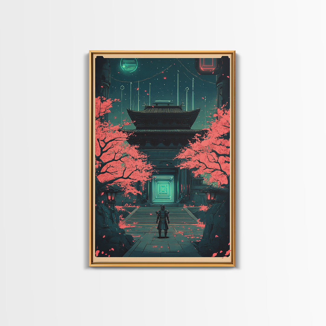 Neon Samurai At Sakura Temple Canvas Print, Cyberpunk Japanese Wall Art, Sci Fi Decor, Gaming Room Wall Decor Gift For Him