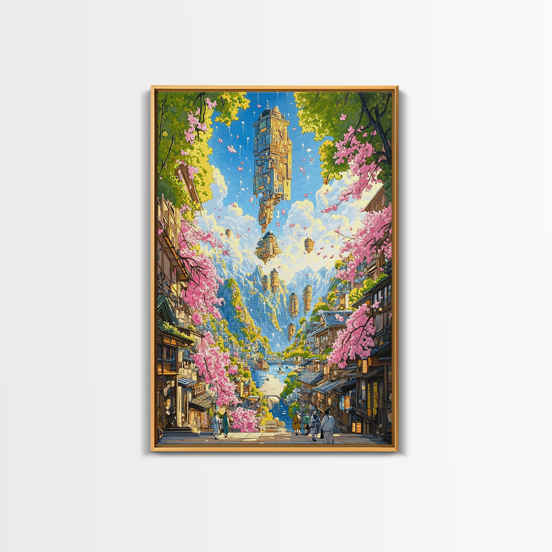 Floating Sky Tower Over Sakura Village Wall Art, Japanese Fantasy Landscape, Surreal Art Print, Statement Living Room Decor