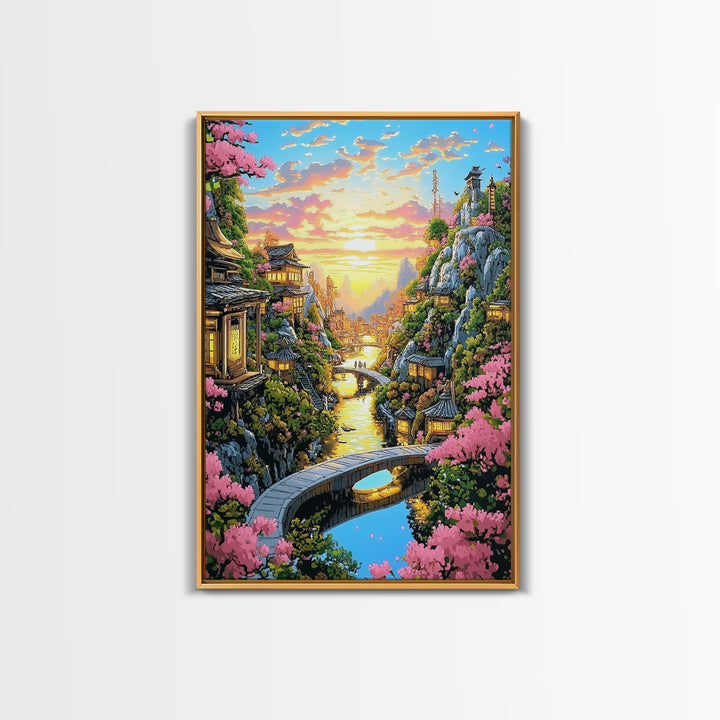 Sunset Canal Village With Sakura Framed Canvas Print, Japanese Landscape Wall Art, Romantic Coastal Home Decor, Gift For Her