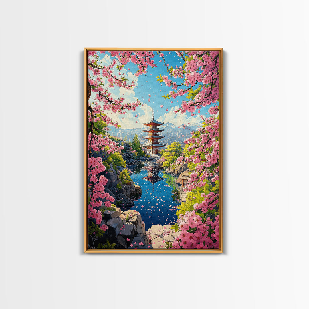 Spring Pagoda With Pink Cherry Blossoms Canvas Print, Japanese Landscape Wall Art, Bright Zen Living Room Decor Gift For Her