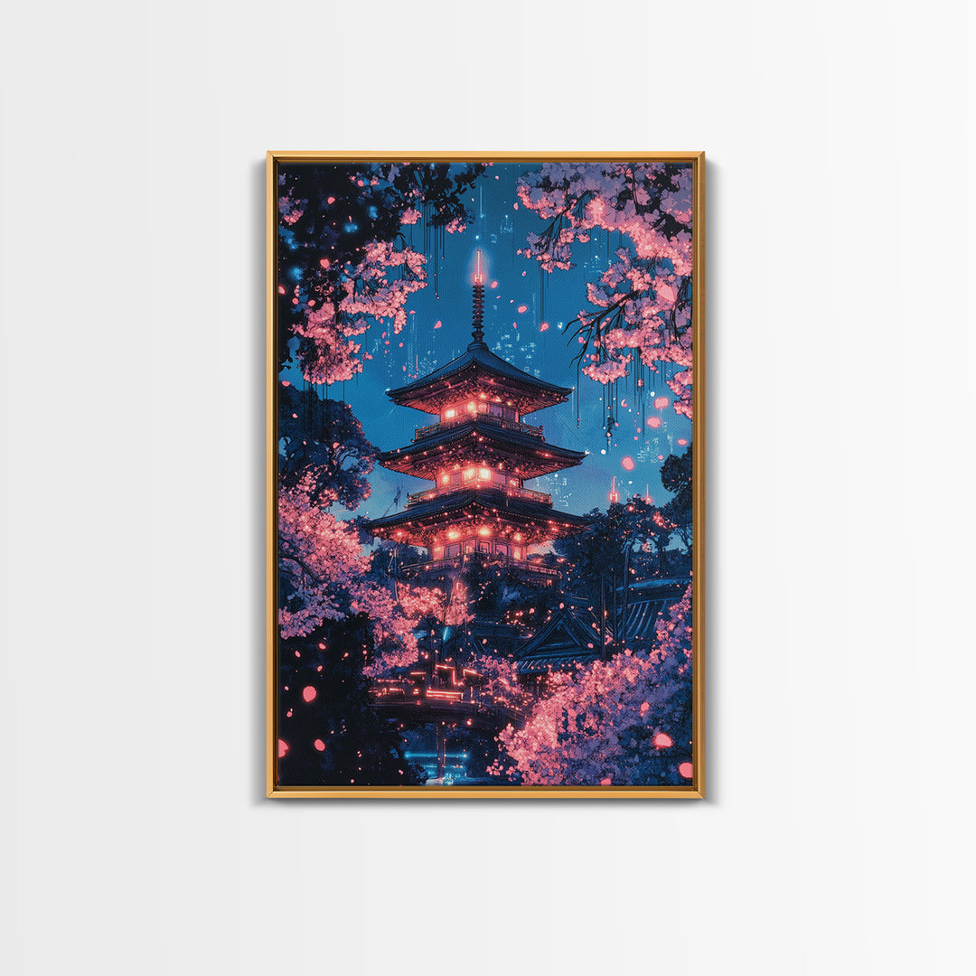 Neon Night Pagoda In Cherry Blossom Rain Framed Canvas Print, Japanese Wall Art, Cyberpunk Cherry Blossom Decor For Modern Living Room