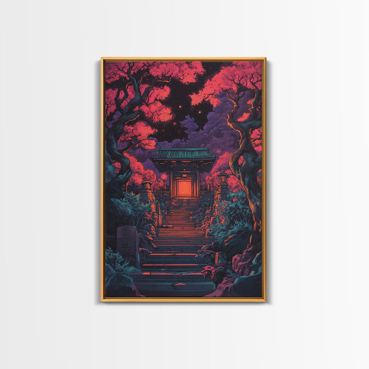 Moonlit Red Maple Shrine Stairway Wall Art, Dark Japanese Garden Print, Moody Gothic Decor For Bedroom And Living Room Gift