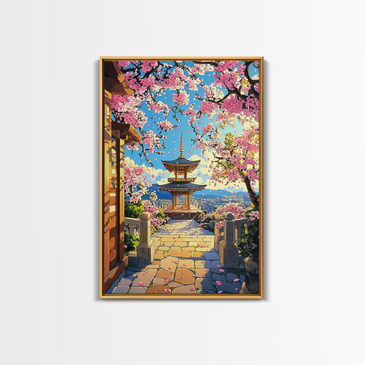 Hilltop Pagoda Under Pink Cherry Blossoms Canvas Print, Japanese Cityscape Wall Art, Bright Spring Decor For Living Room