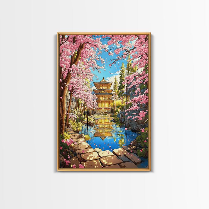 Golden Temple Reflected In Cherry Blossom Canal Wall Art, Japanese Garden Canvas Print, Colorful Spring Living Room Decor