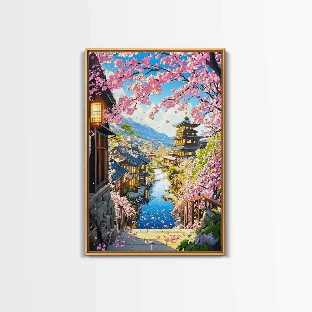 Cherry Blossom Hillside Town With Pagoda Framed Canvas Print, Japanese Cityscape Wall Art, Coastal Spring Home Decor Gift For Her