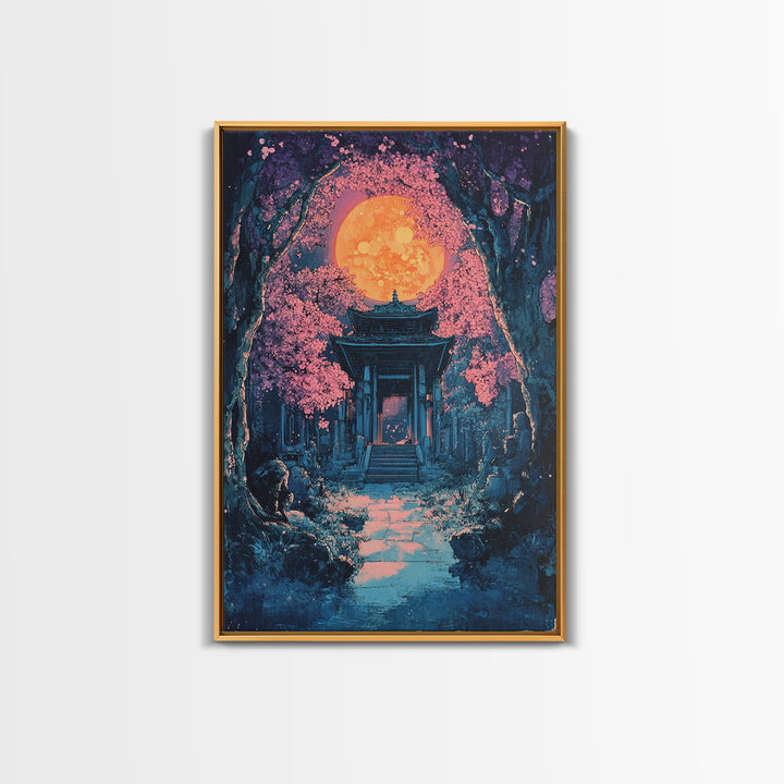 Full Moon Shrine In Pink Cherry Blossom Grove Wall Art, Mystical Japanese Landscape Print, Moody Celestial Bedroom Decor